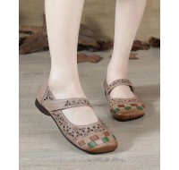 Comfy Hollow Out Loafers For Women Khaki Cowhide Leather