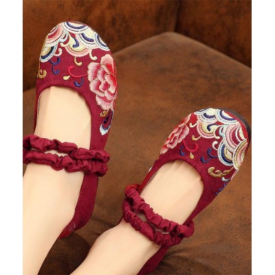 Red Embroideried Cotton Linen Fabric Flat Shoes Lace Up Flat Shoes