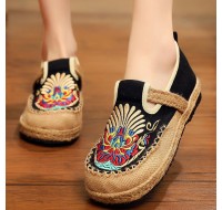 Women  Flats Black Embroideried Cotton Fabric Flats Shoes