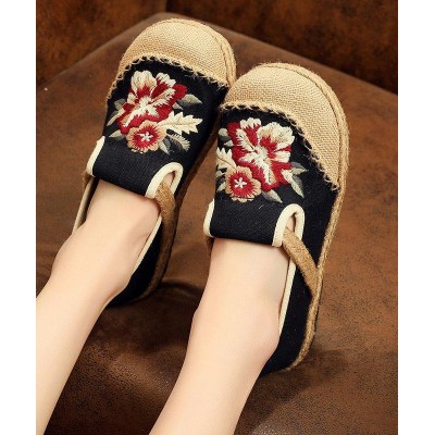 Soft Splicing Flats Black Cotton Linen Fabric Embroideried Flats Shoes