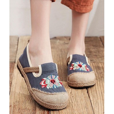 Grey Embroideried Flats Cotton Linen Fabric Boutique  Flat Feet Shoes