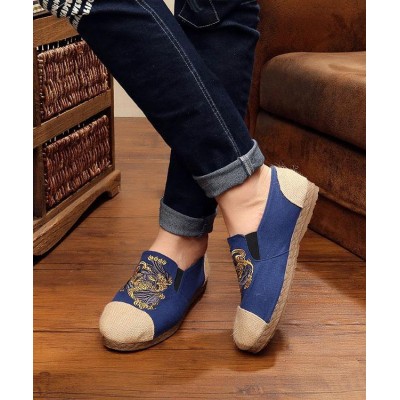 Women Navy Embroideried Splicing Flat Shoes Cotton Linen Fabric